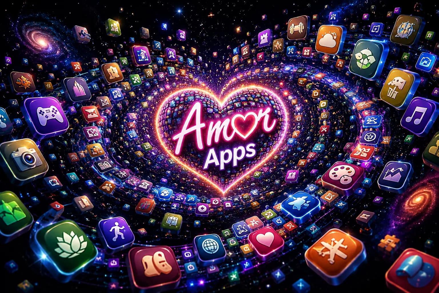 Amor Apps — app icons spiraling into a glowing heart