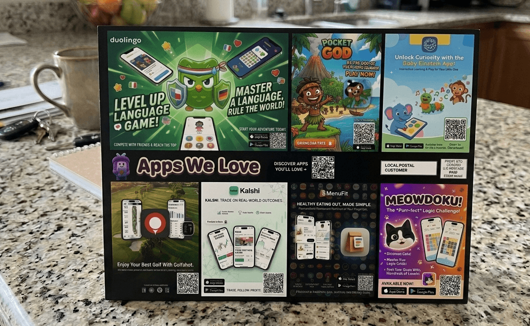 Front of the printed App Store Drop card showing app placements